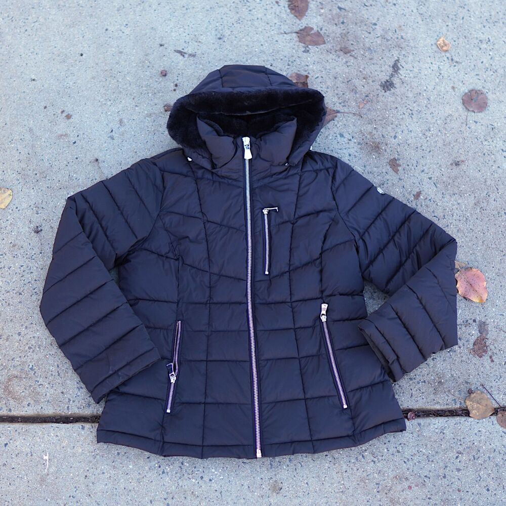 Calvin Klein Black Puffer Coat Faux Fur Hood Water Resistant Women's L Quiet Lux